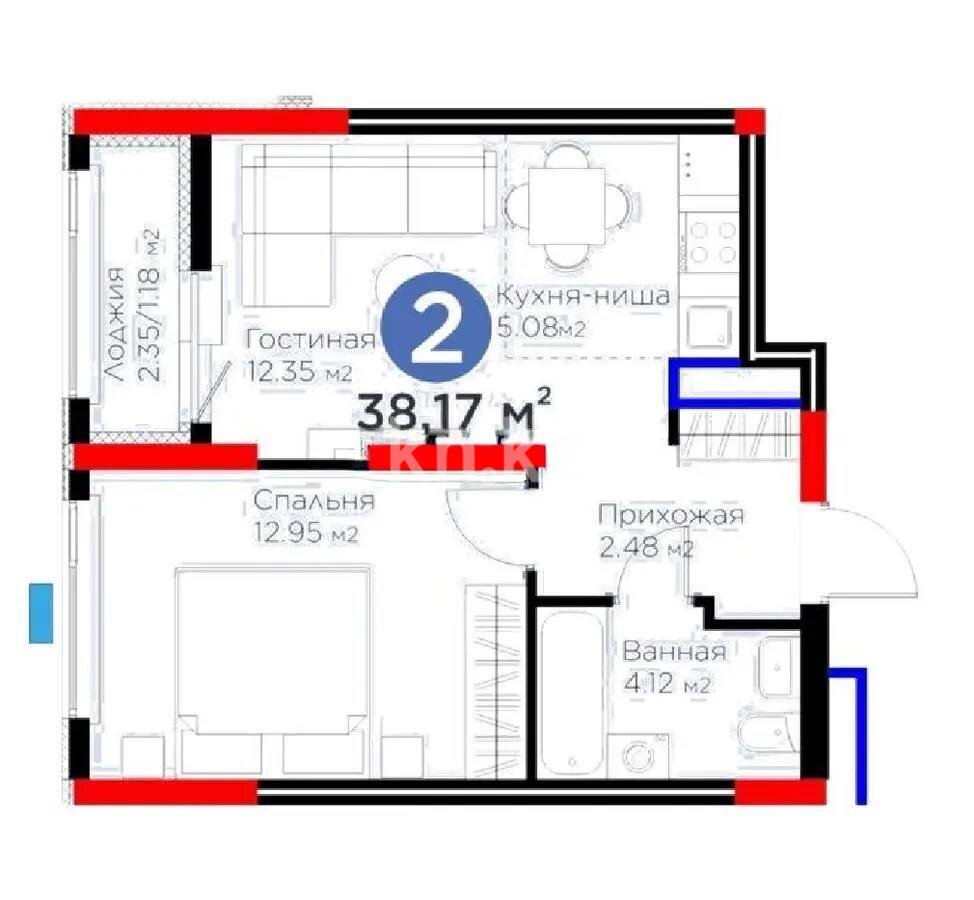 Продажа 2-комнатной квартиры, 38.17 м² в Астане