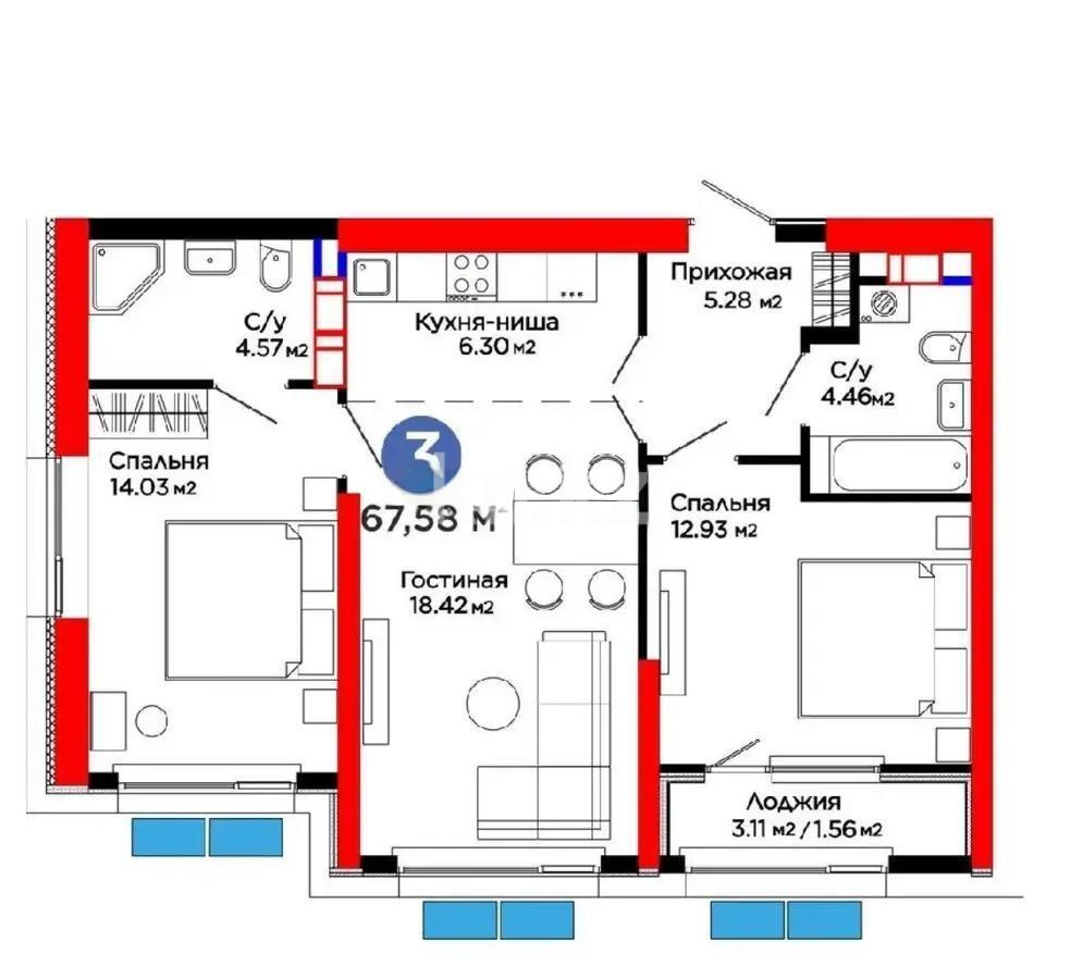 Продажа 3-комнатной квартиры, 67.58 м² - Продажа трехкомнатных квартир в Алматы - страница 2 фото 1 из 1