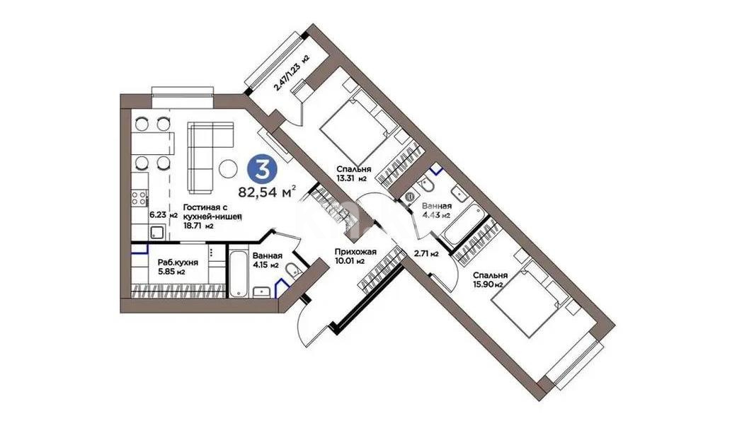 Продажа 3-комнатной квартиры, 82.54 м² в Астане