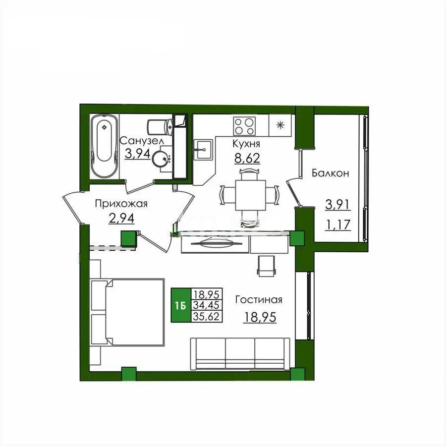 Продажа 1-комнатной квартиры, 35.6 м² - Продажа  однокомнатных квартир в новостройках Астаны - страница 39 фото 1 из 1