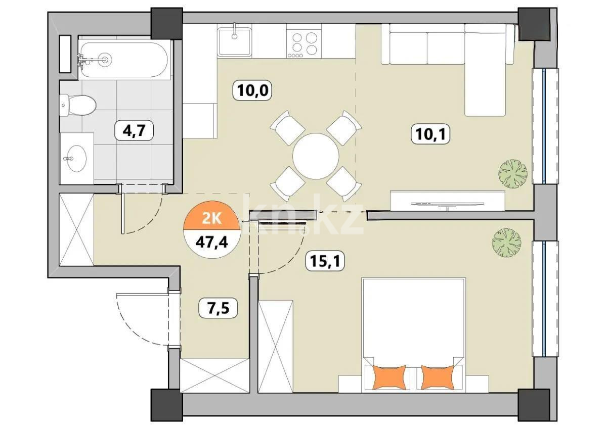 Продажа 2-комнатной квартиры, 45.9 м² - Продажа квартир в новостройках Алматы фото 1 из 1