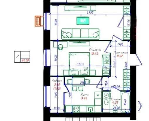 Продажа 2-комнатной квартиры, 60.16 м² в Астане