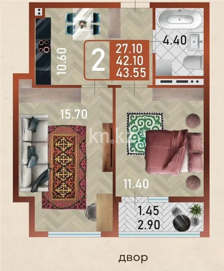 Продажа 2-комнатной квартиры, 43.55 м² в Астане