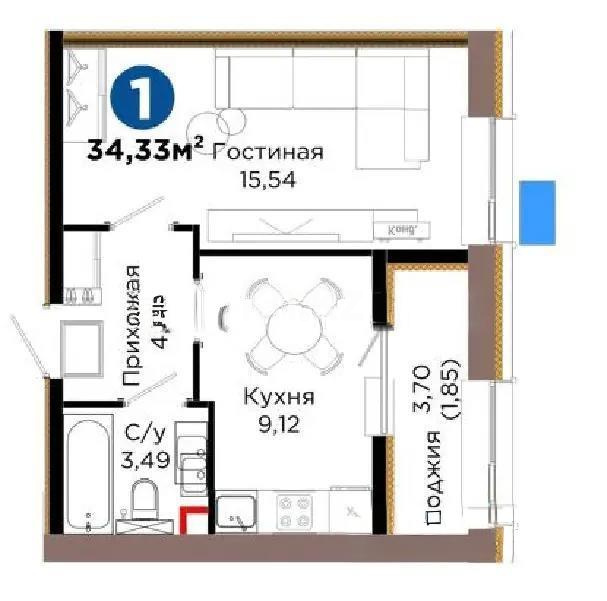 Продажа 1-комнатной квартиры, 34.33 м² в Астане