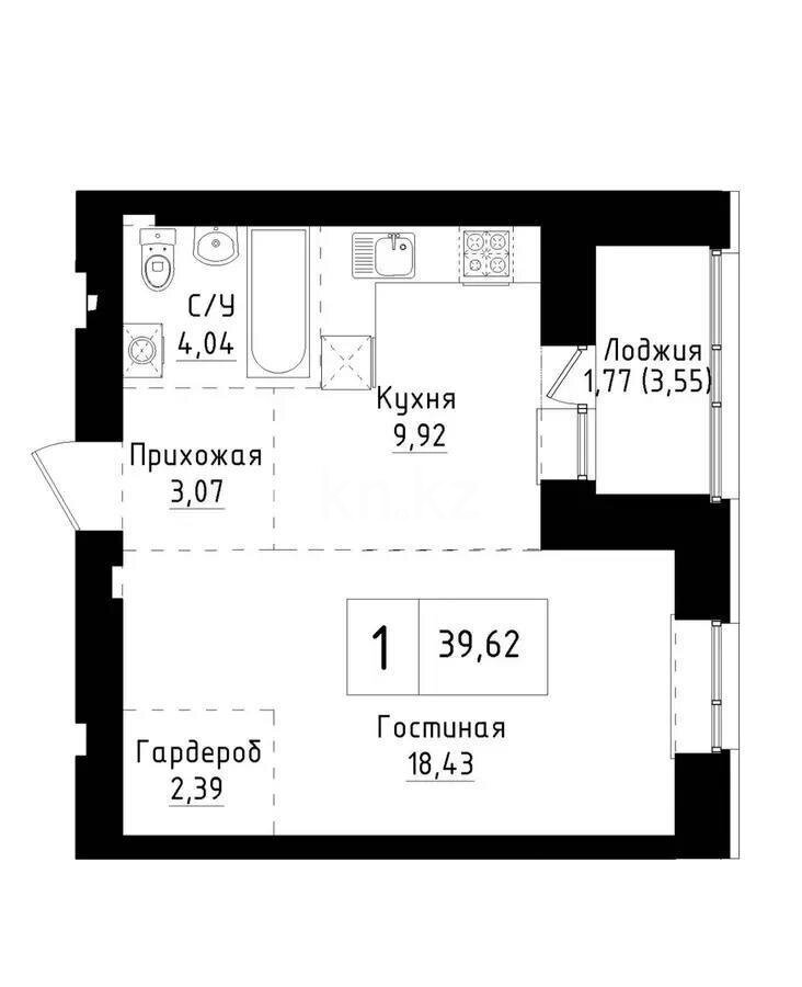 Продажа 1-комнатной квартиры, 39.62 м² в Астане
