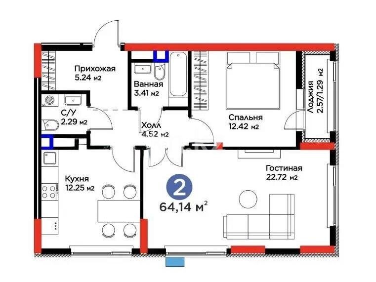 Продажа 2-комнатной квартиры, 64.14 м² в Астане