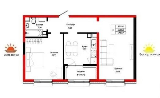 Продажа 2-комнатной квартиры, 59.07 м², ул. Косшыгулулы, дом  27/1 в Астане