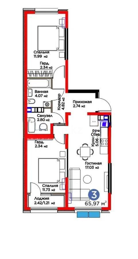 Продажа 3-комнатной квартиры, 65.97 м², ул. Момышулы, дом  11/14а - Продажа квартир в Алматы с фото фото 1 из 1