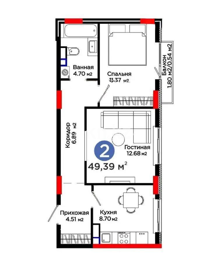 Продажа 2-комнатной квартиры, 49.39 м² в Астане - фото 4