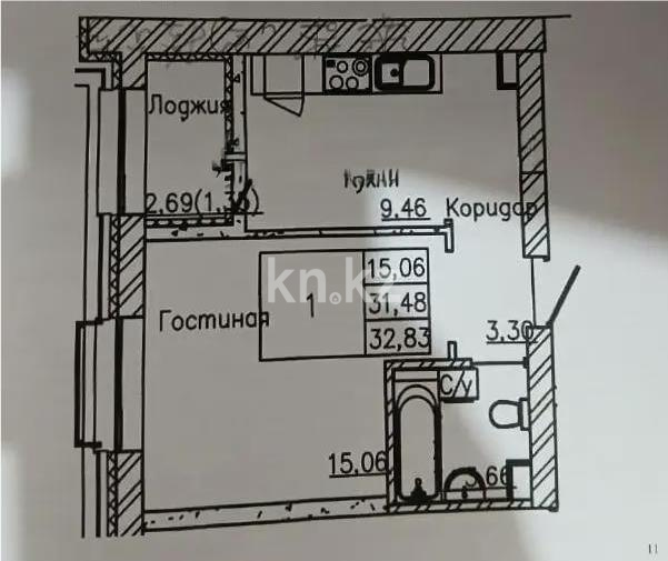 Продажа 1-комнатной квартиры, 32.89 м² в Астане