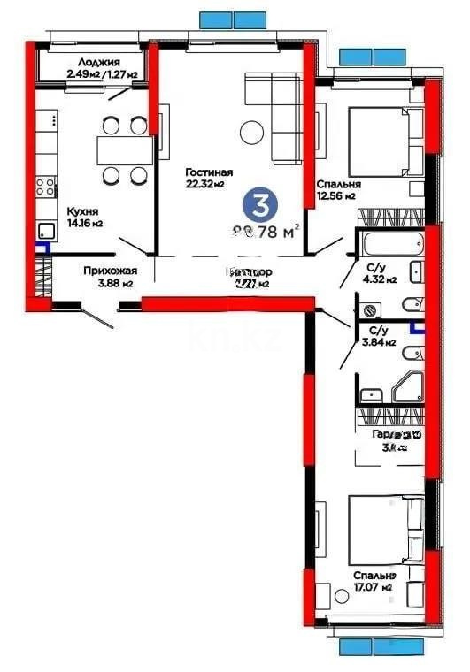 Продажа 3-комнатной квартиры, 88.78 м² в Алматы