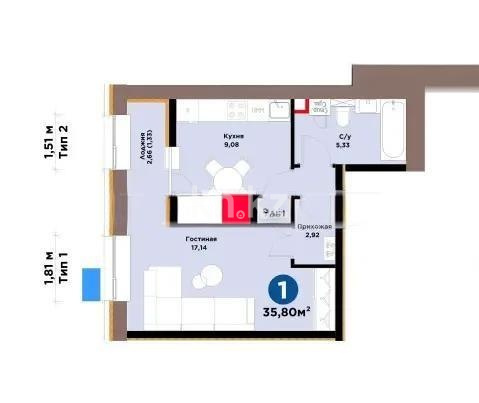 Продажа 1-комнатной квартиры, 35.8 м² в Астане