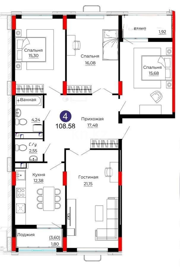 Продажа 4-комнатной квартиры, 109 м², ул. Казыбек би, дом  41/1 - Продажа  четырехкомнатных квартир в новостройках Астаны без посредников с фото фото 1 из 1