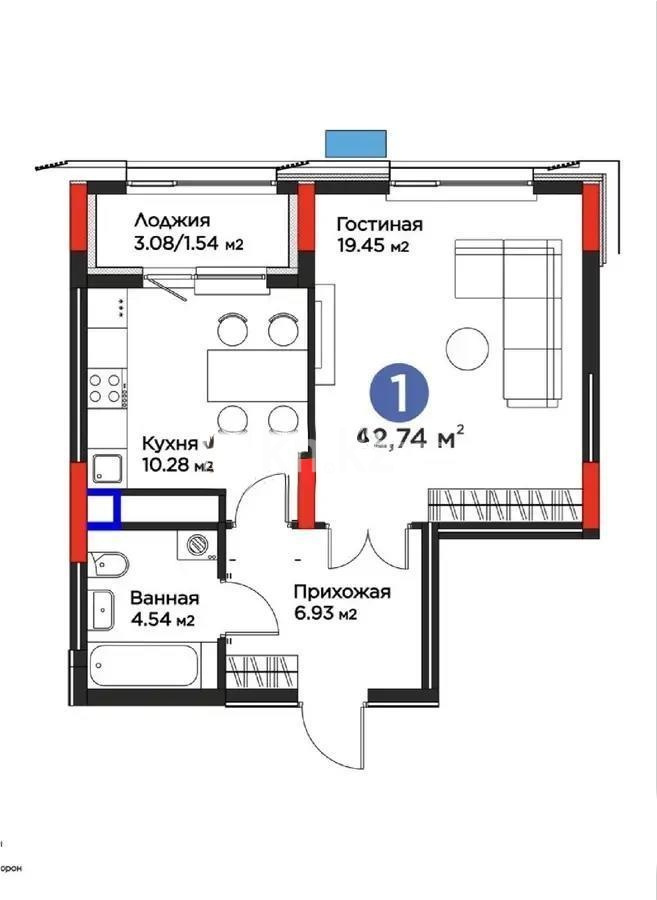 Продажа 1-комнатной квартиры, 42.74 м² - Продажа однокомнатных квартир от собственников в Астане фото 1 из 1