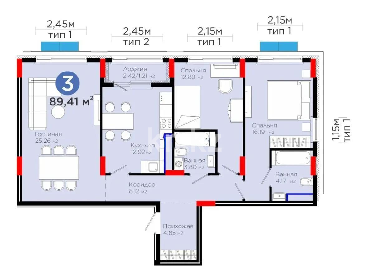 Продажа 3-комнатной квартиры, 89.5 м², ул. Е-900, дом  8 - Продажа квартир в Казахстане фото 3 из 3