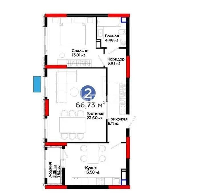 Продажа 2-комнатной квартиры, 66.3 м² в Астане
