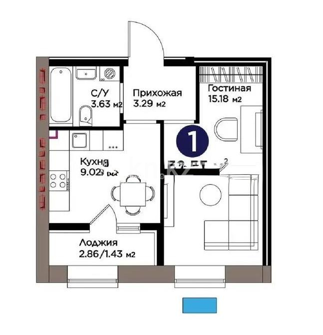 Продажа 1-комнатной квартиры, 32.55 м² - Недвижимость в Казахстане - страница 24 фото 1 из 1