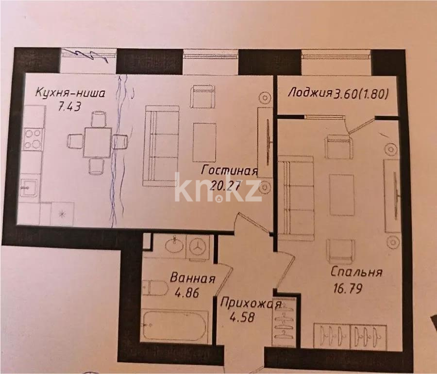 Продажа 2-комнатной квартиры, 55.73 м² в Астане