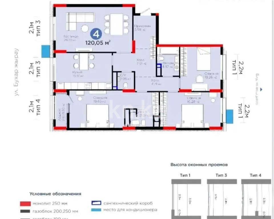 Продажа 4-комнатной квартиры, 120.05 м², ул. Бухар жырау, дом  57/6 - Продажа квартир в Астане фото 1 из 1