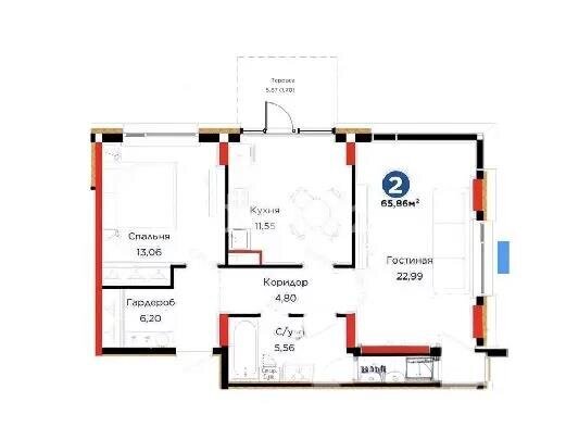 Продажа 2-комнатной квартиры, 65.86 м² в Астане