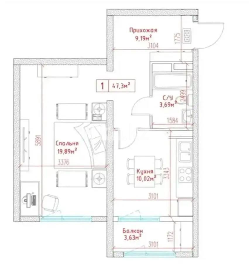 Продажа 1-комнатной квартиры, 47.3 м² в Алматы