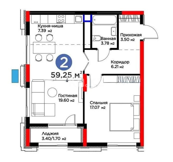 Продажа 2-комнатной квартиры, 59.3 м² - Продажа квартир в Казахстане - страница 33 фото 1 из 1