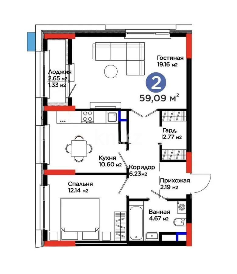 Продажа 2-комнатной квартиры, 59 м² в Астане