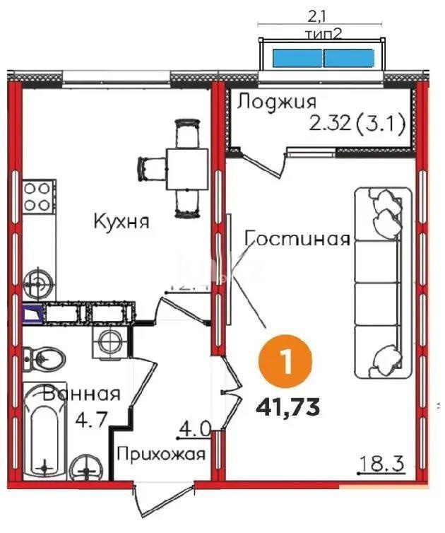 Продажа 1-комнатной квартиры, 41.73 м², ул. Е-67, дом  8 в Астане