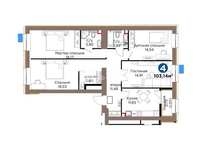 Продажа 4-комнатной квартиры, 103.14 м² в Астане