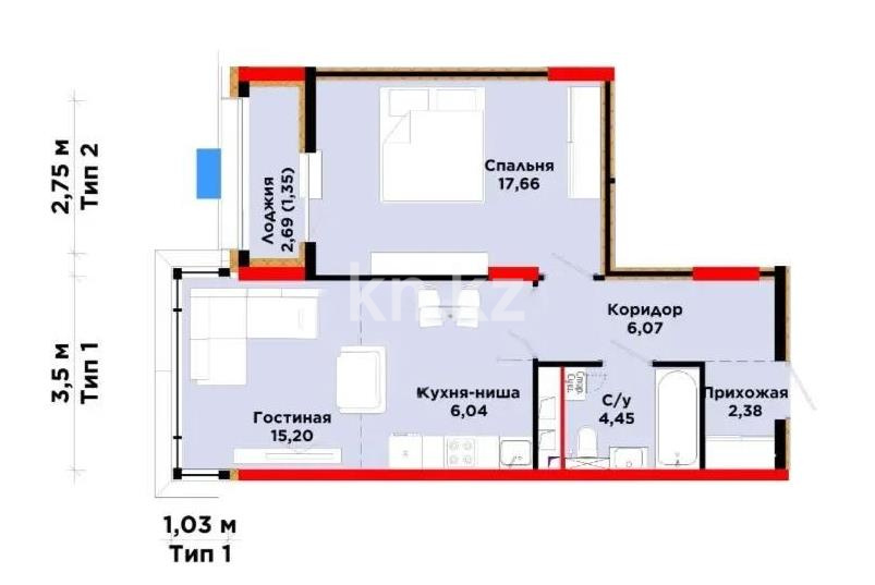 Продажа 2-комнатной квартиры, 53.15 м² в Астане