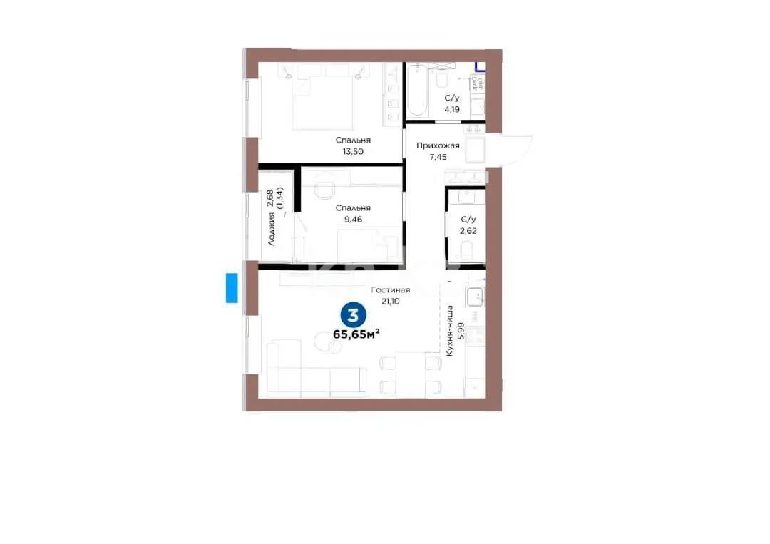 Продажа 3-комнатной квартиры, 65.65 м², ул. Чокина, дом  4 - Продажа  трехкомнатных квартир в Астане с фото фото 1 из 1