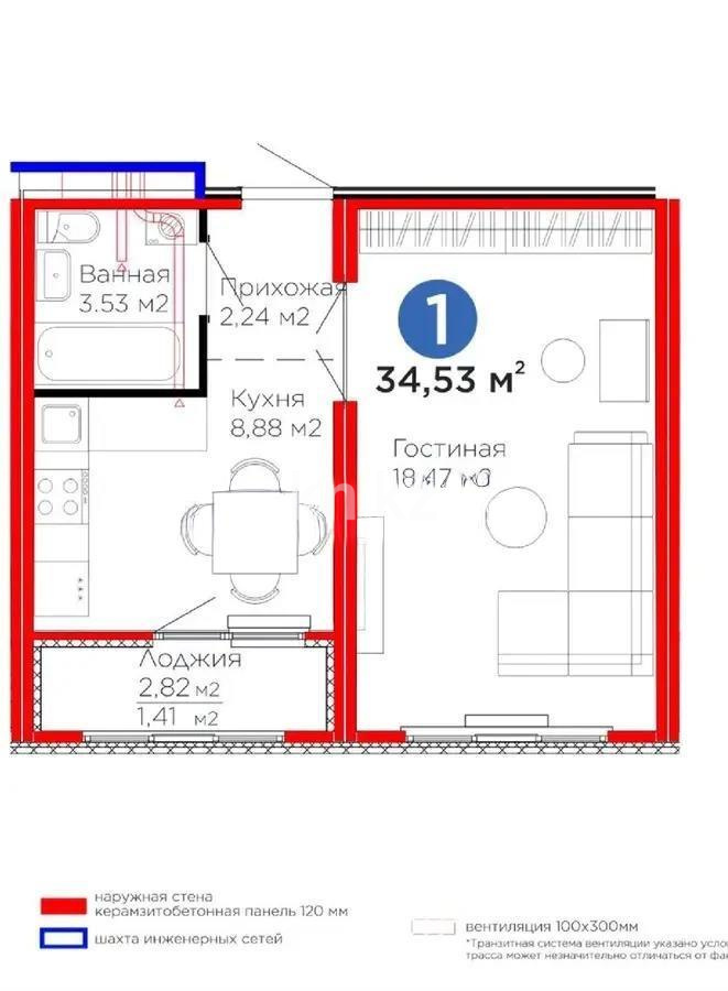 Продажа 1-комнатной квартиры, 34.53 м², пр. Улы Дала, дом  14 в Астане
