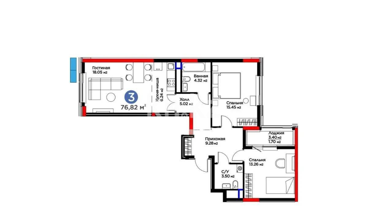 Продажа 3-комнатной квартиры, 76.82 м², ул. Бухар жырау, дом  33 в Астане