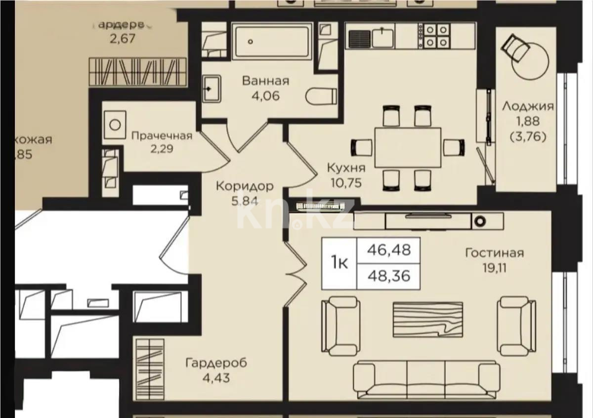 Продажа 1-комнатной квартиры, 48.36 м² в Астане - фото 3