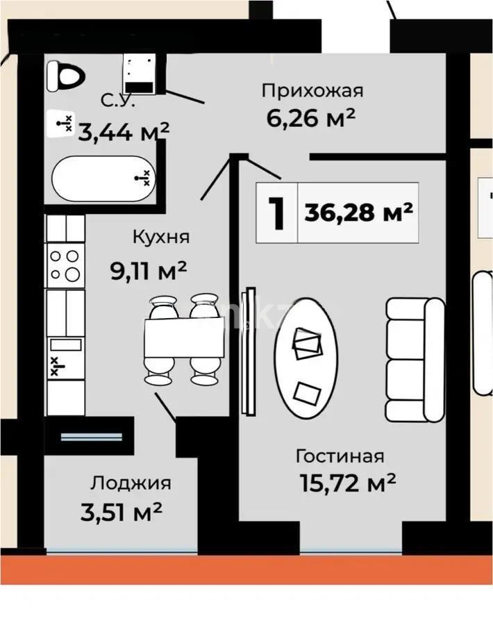 Продажа 1-комнатной квартиры, 36.28 м², ул. Байтурсынова, дом  36 - Продажа квартир в Казахстане фото 1 из 1