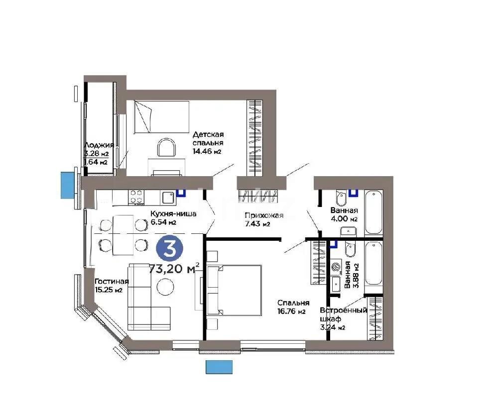 Продажа 3-комнатной квартиры, 73.2 м² в Астане - фото 3