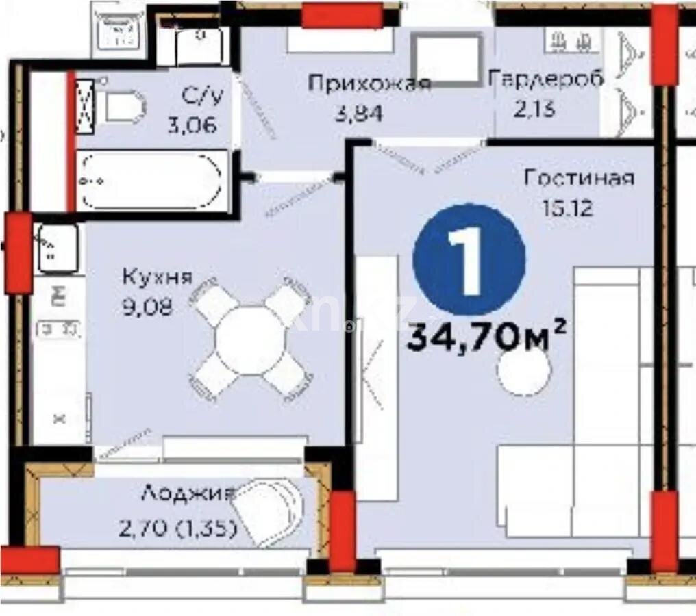 Продажа 1-комнатной квартиры, 34.7 м² в Астане