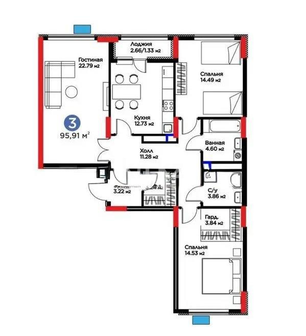 Продажа 3-комнатной квартиры, 95.91 м², ул. Нурмагамбетова, дом  17 стр в Астане
