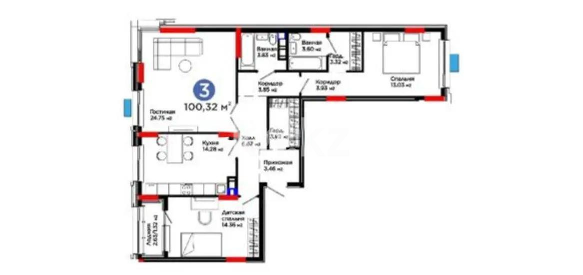 Продажа 3-комнатной квартиры, 100.32 м², ул. Е-899, дом  3 в Астане