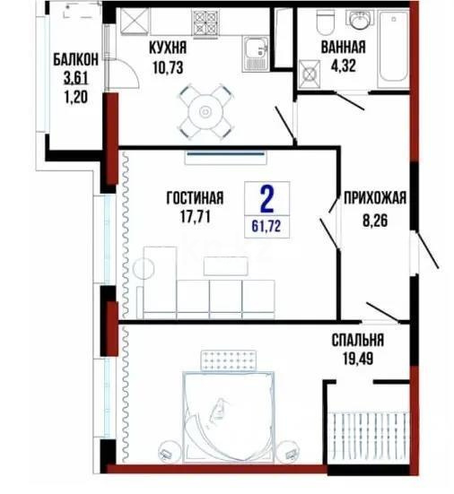 Продажа 2-комнатной квартиры, 61.72 м², ул. Нажимеденова, дом  21/1 - Продажа  двухкомнатных квартир в Астане без посредников фото 4 из 4