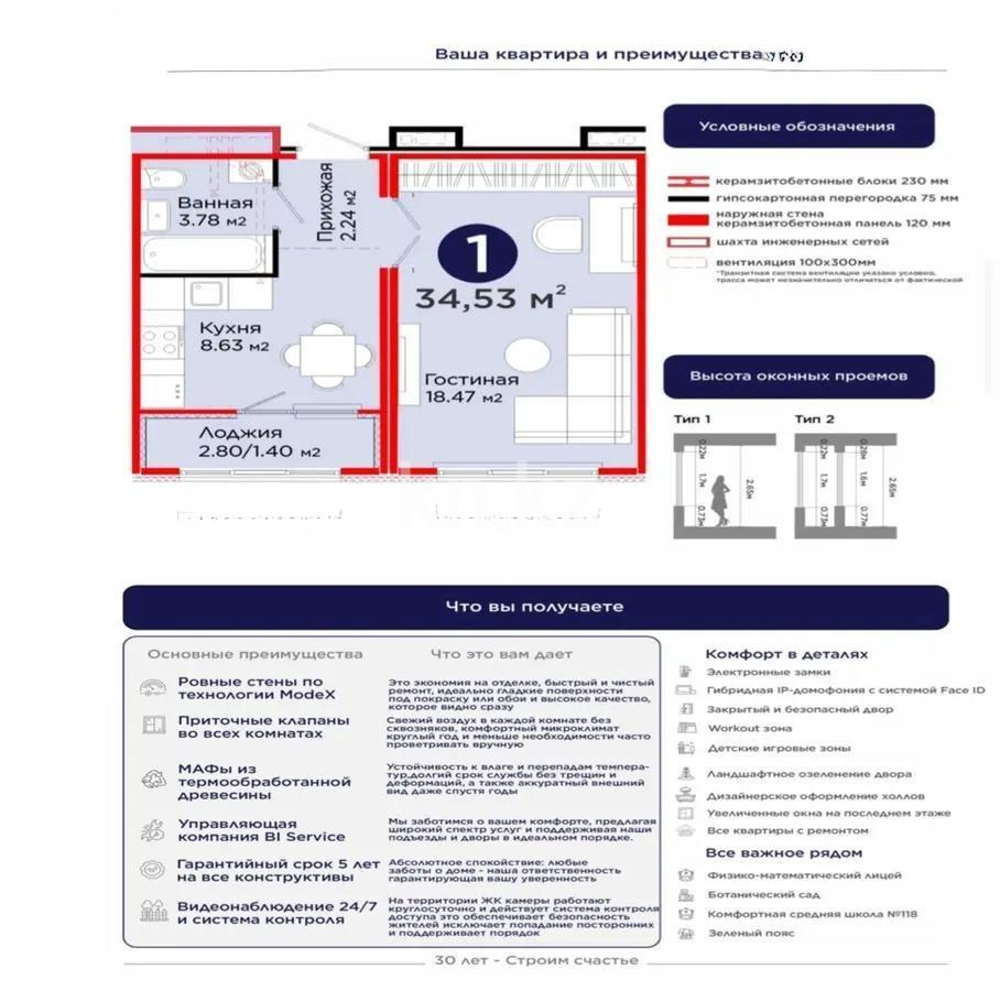 Продажа 1-комнатной квартиры, 34.53 м² в Астане