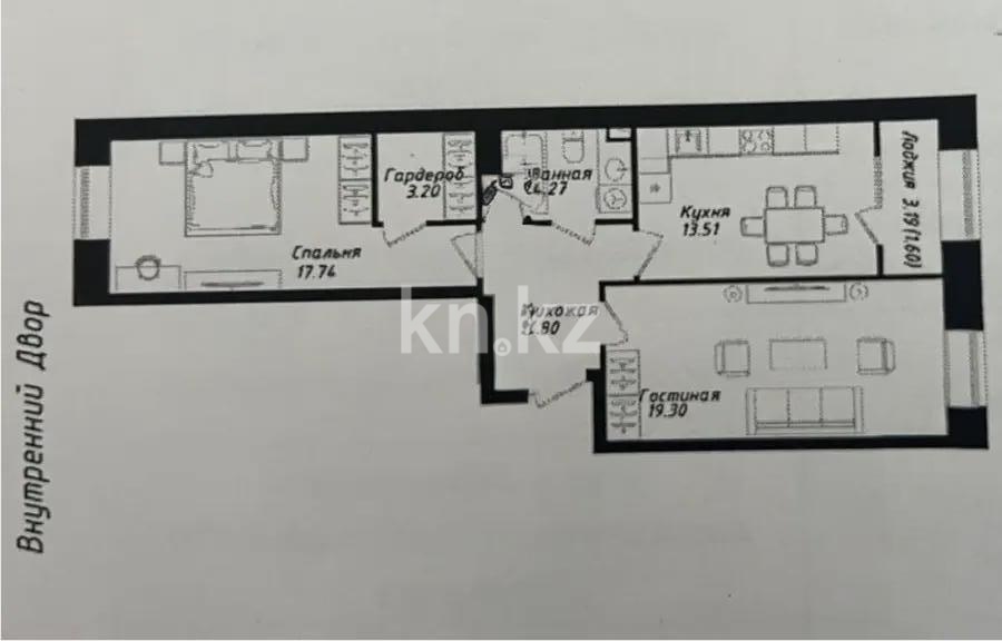 Продажа 2-комнатной квартиры, 65.42 м² в Астане