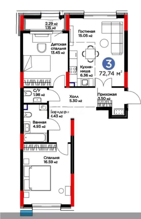 Продажа 3-комнатной квартиры, 72.74 м² - Недвижимость в Казахстане - страница 7 фото 1 из 1