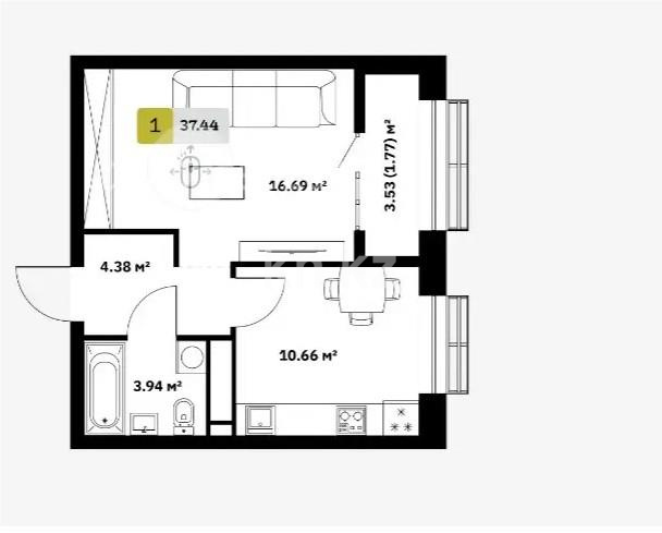 Продажа 1-комнатной квартиры, 37.44 м², ул. Туркестан, дом  115 - Продажа  однокомнатных квартир в Алматы с фото фото 1 из 1