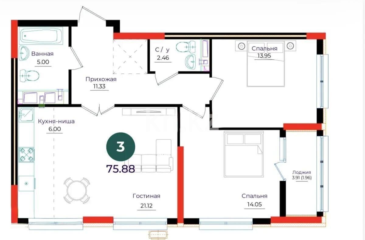Продажа 3-комнатной квартиры, 76 м² в Астане