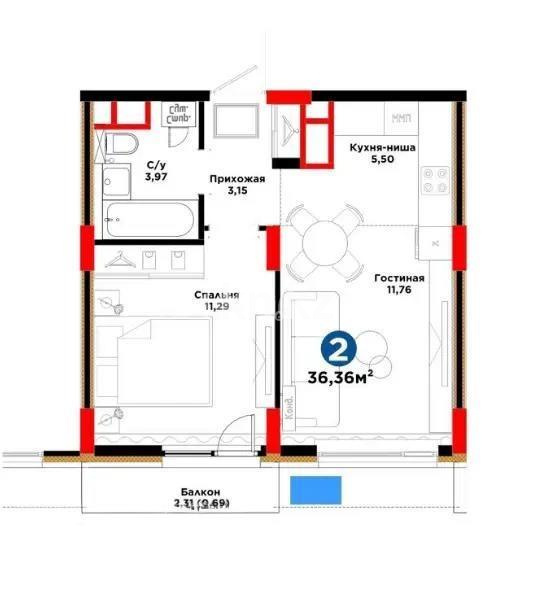 Продажа 2-комнатной квартиры, 36.36 м² в Астане