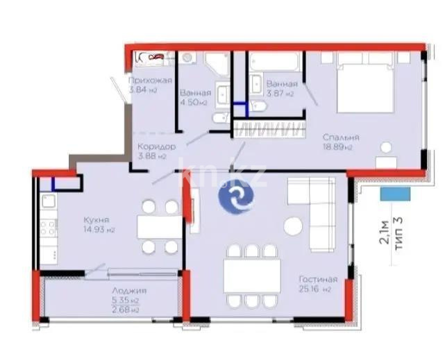 Продажа 2-комнатной квартиры, 78 м², ул. Рыскулова, дом  3 в Астане