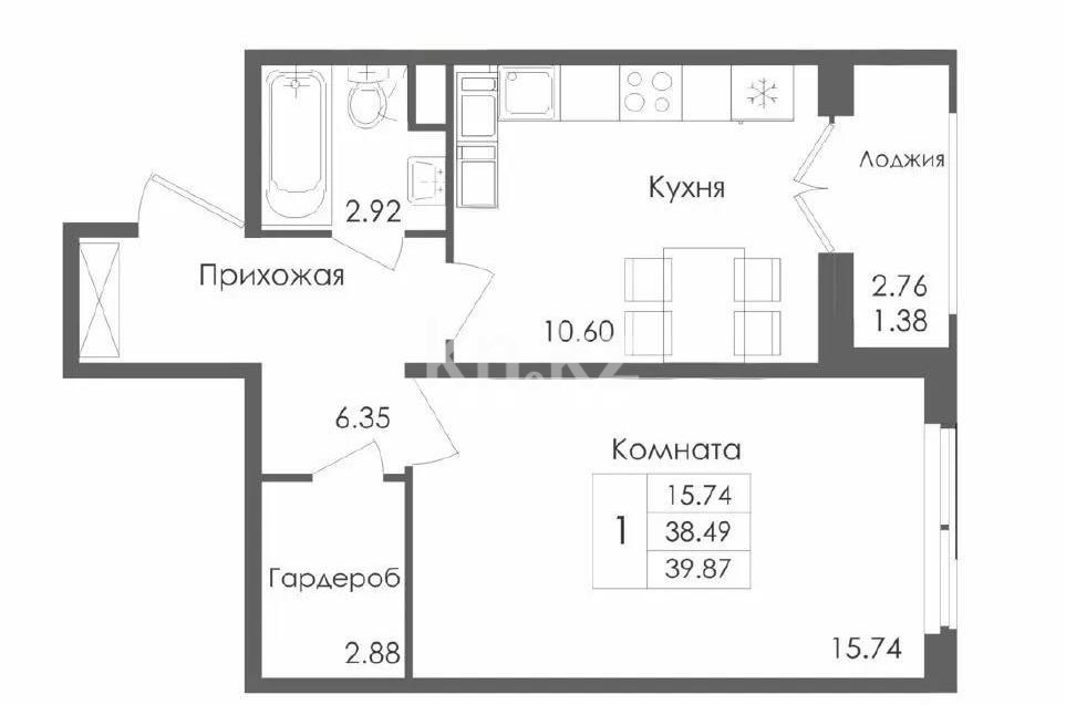 Продажа 1-комнатной квартиры, 39.87 м² в Астане