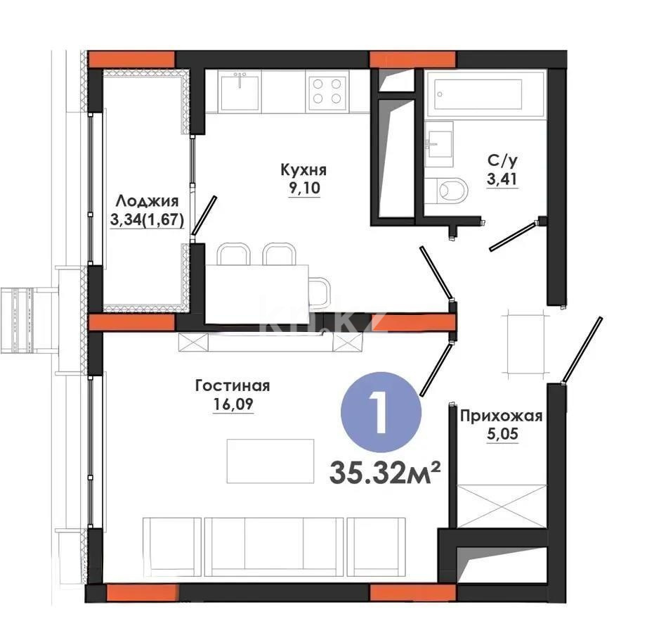 Продажа 1-комнатной квартиры, 35.32 м² в Астане