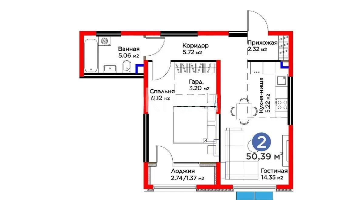 Продажа 2-комнатной квартиры, 50.39 м², ул. Момышулы, дом  11/14а - Продажа квартир в новостройках Алматы без посредников фото 1 из 1
